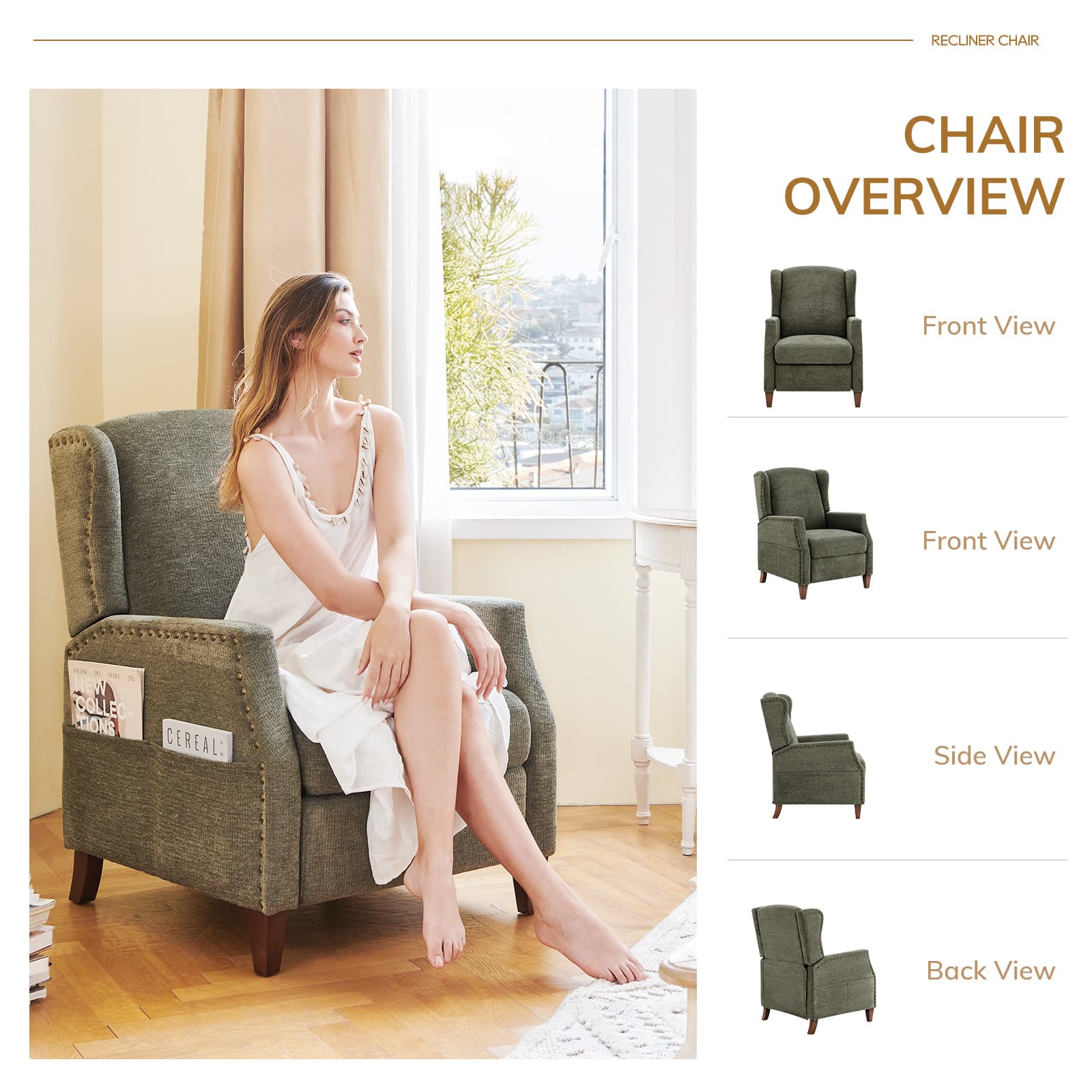 Fauteuil d'appoint COLAMY en tissu de couleur unie, fauteuil inclinable à dossier relevable, modèle W502