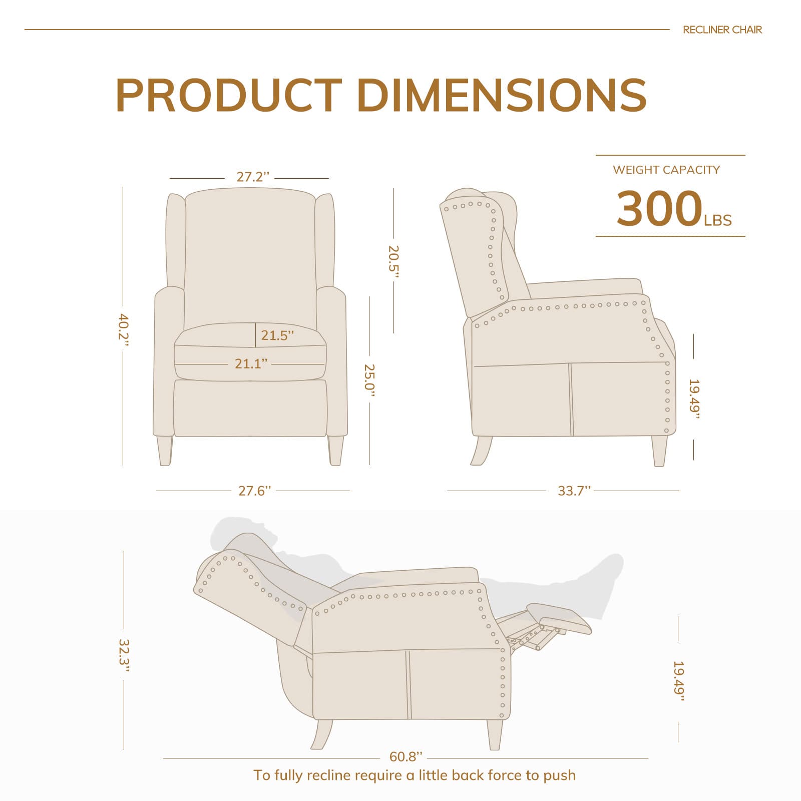 Fauteuil d'appoint COLAMY en tissu de couleur unie, fauteuil inclinable à dossier relevable, modèle W502