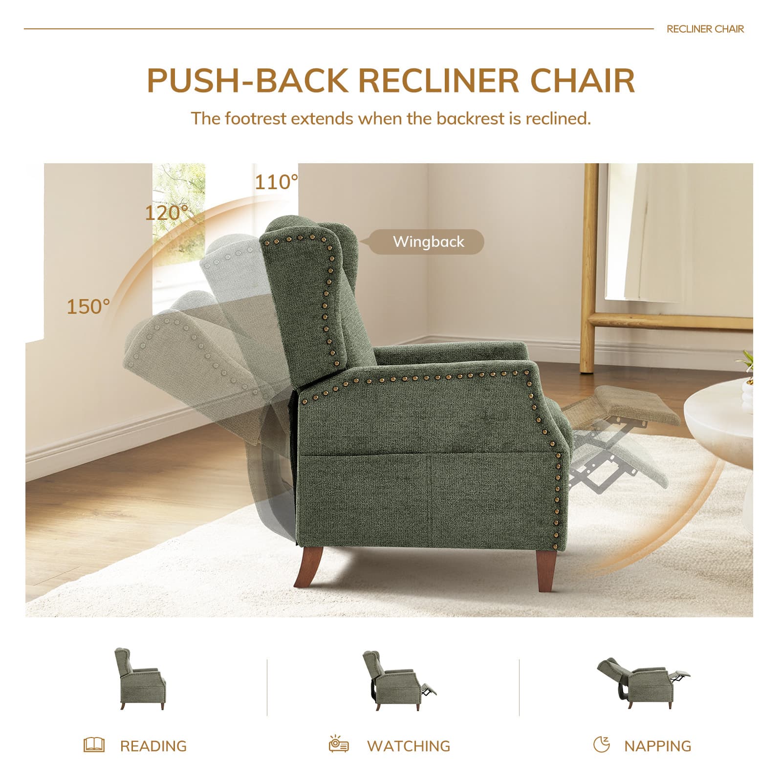 Fauteuil d'appoint COLAMY en tissu de couleur unie, fauteuil inclinable à dossier relevable, modèle W502