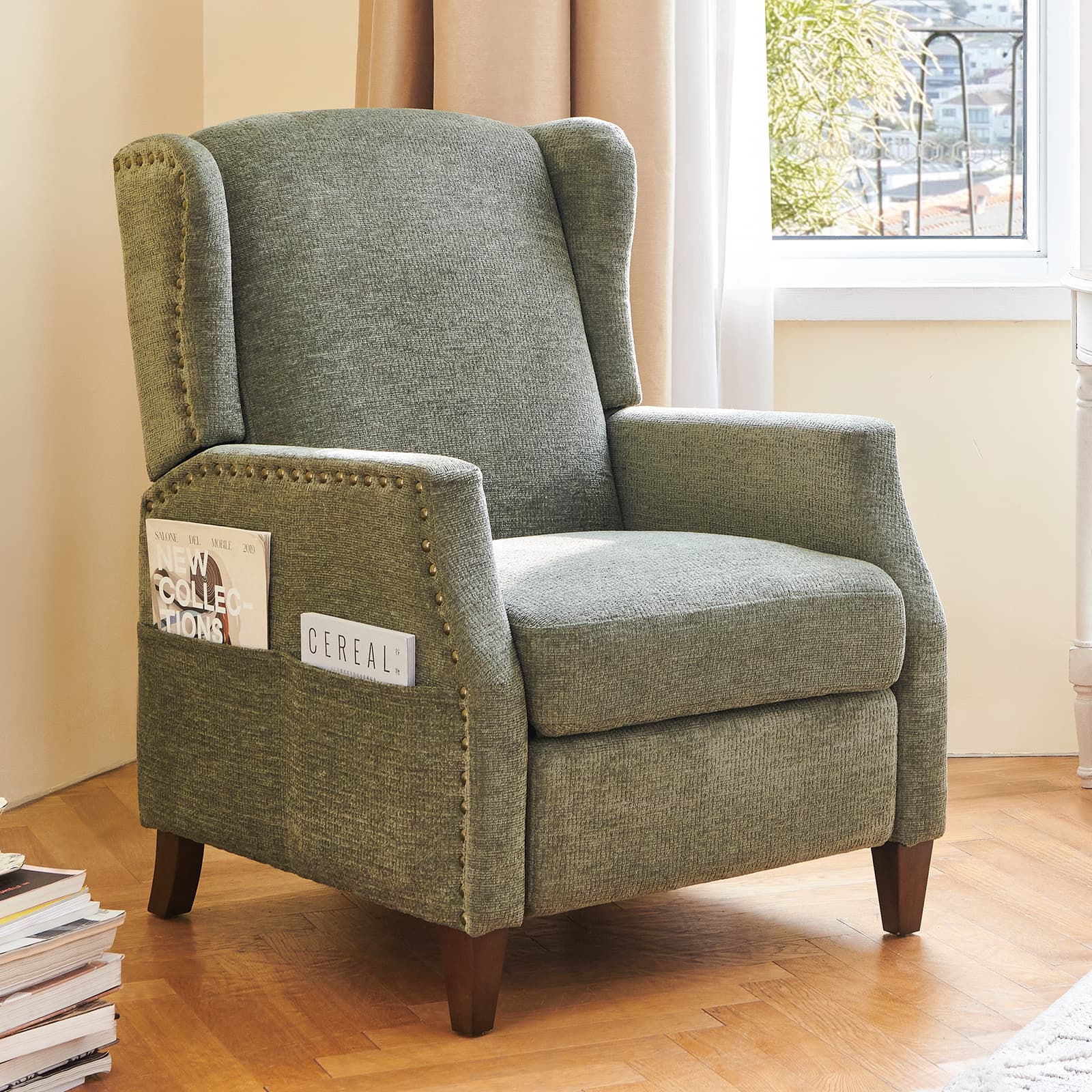 Fauteuil d'appoint COLAMY en tissu de couleur unie, fauteuil inclinable à dossier relevable, modèle W502