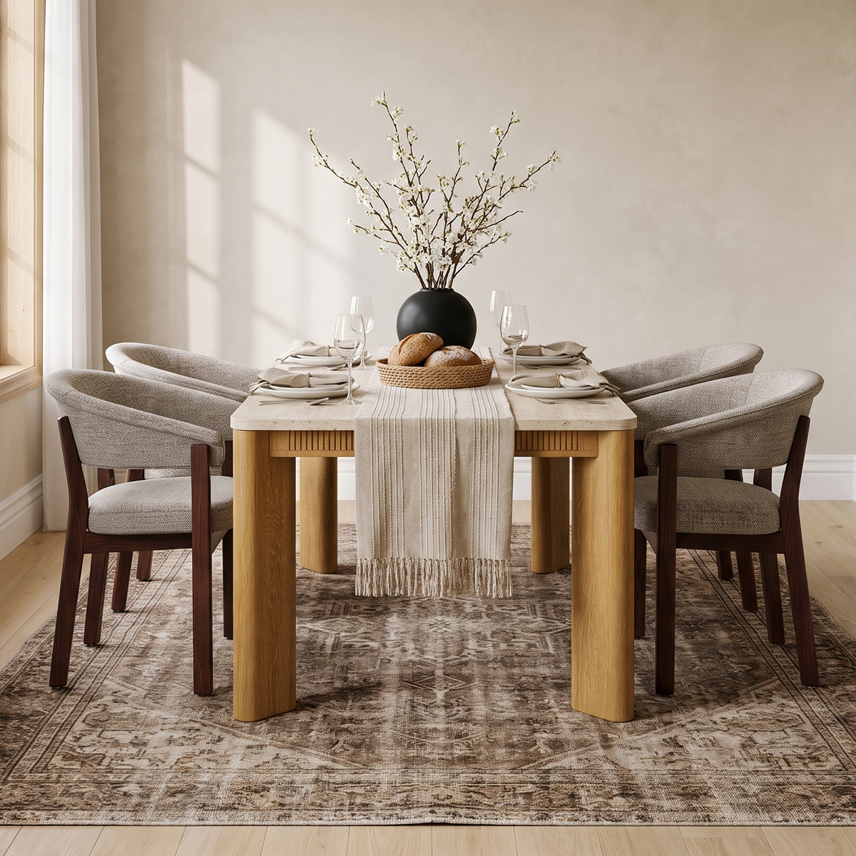 COLAMY VERSE 63" Dining Table with HALO Luxe Fully Assembled Upholstered Dining Chairs Set for 4