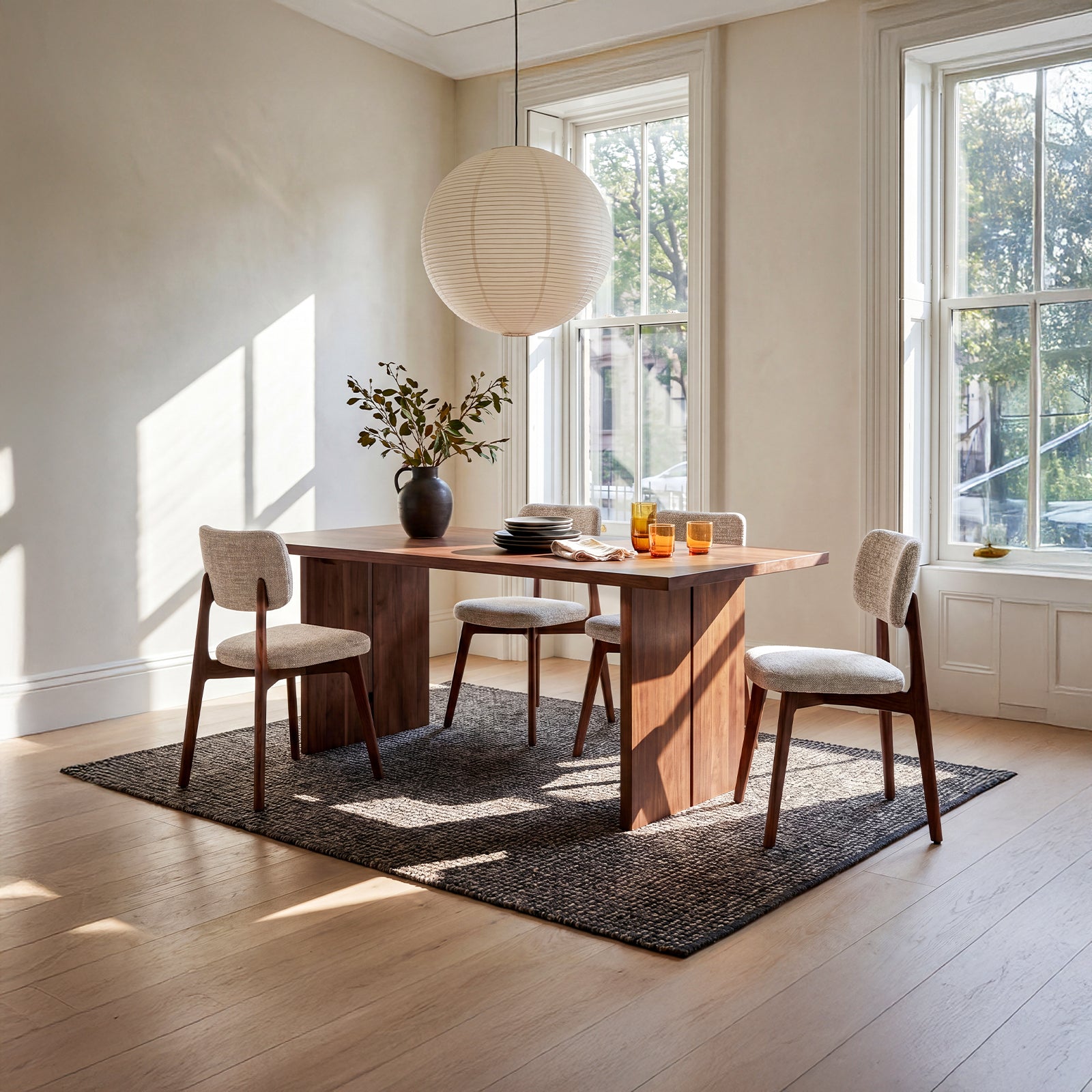 COLAMY NOYA Prime upholstered dining chairs around a wooden dining table in a warm modern dining room
