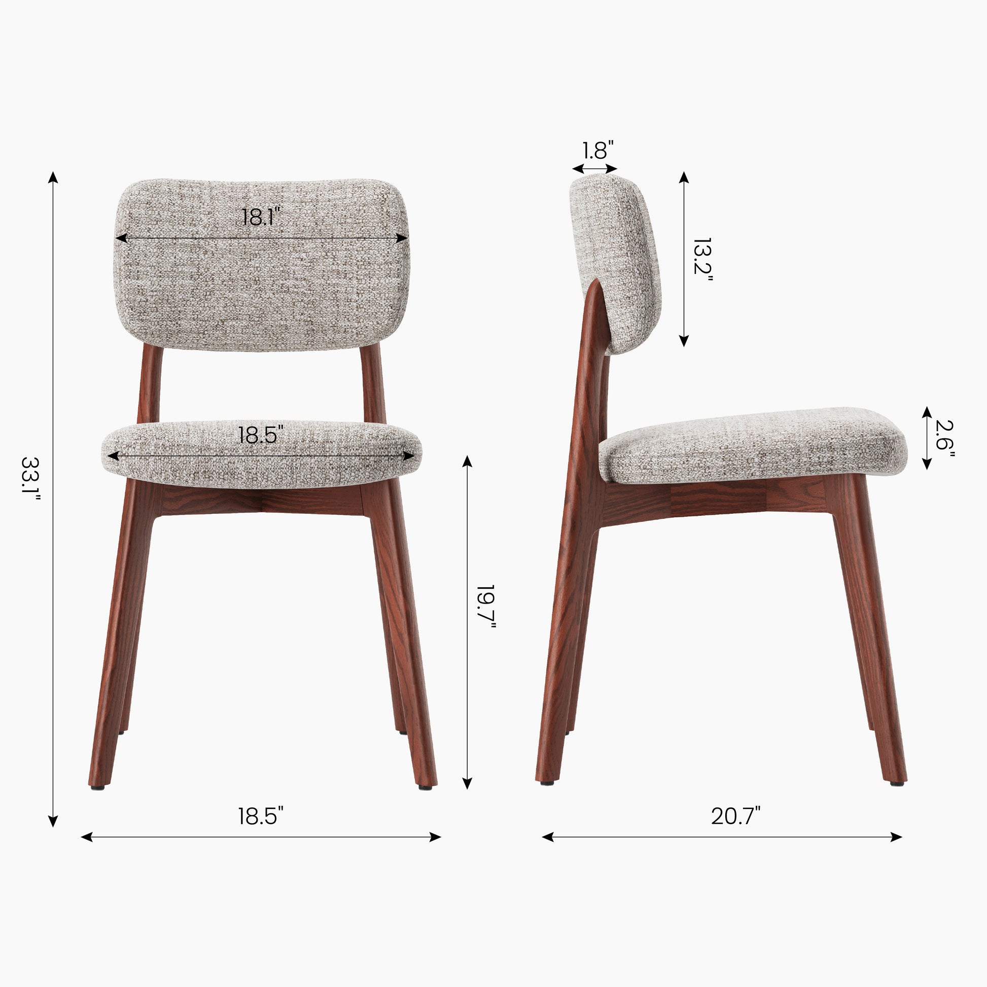 COLAMY NOYA Prime upholstered dining chair dimensions diagram showing seat height, width, depth, and backrest size