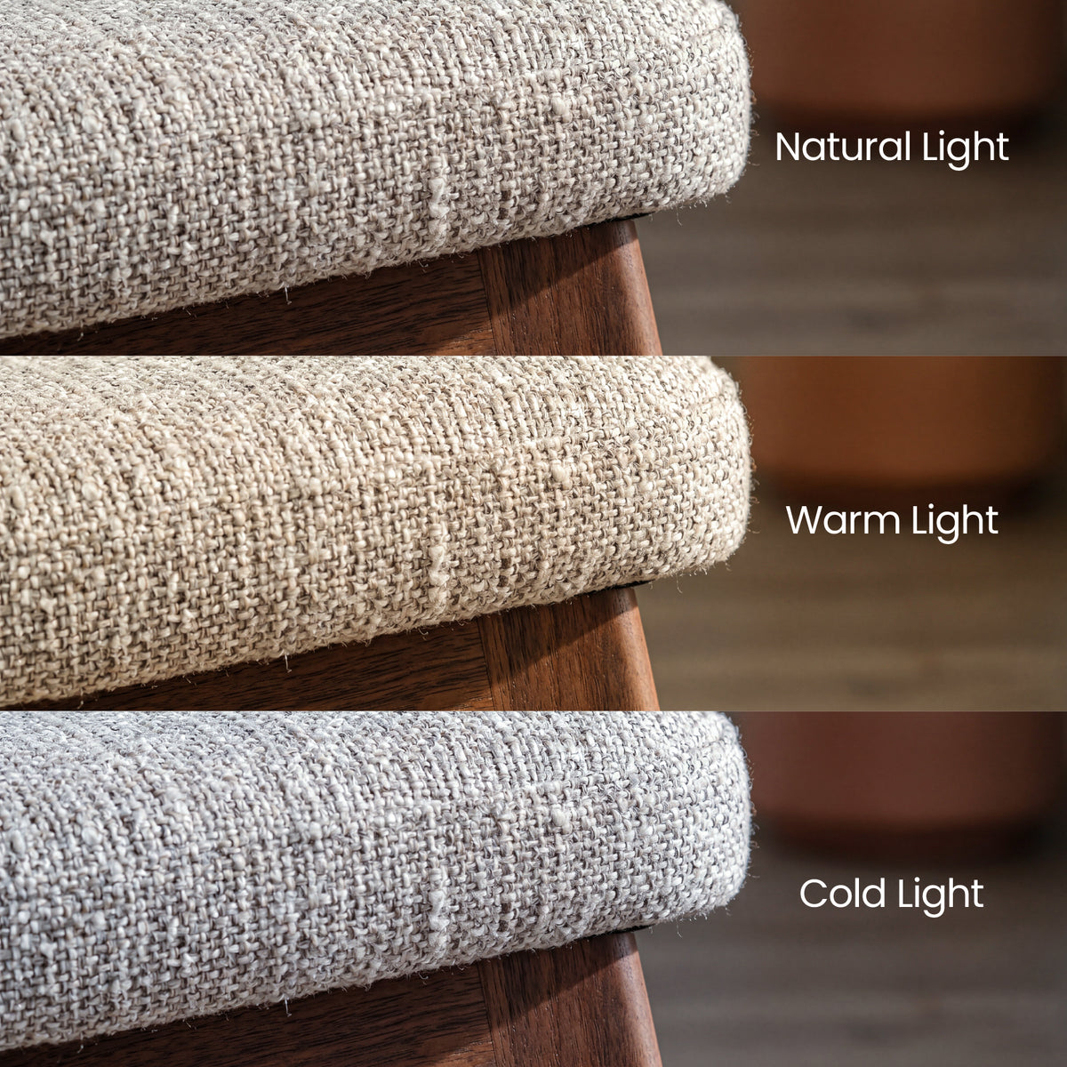 COLAMY NOYA Prime mixed-weave upholstery close-up showing fabric texture under natural, warm, and cold light