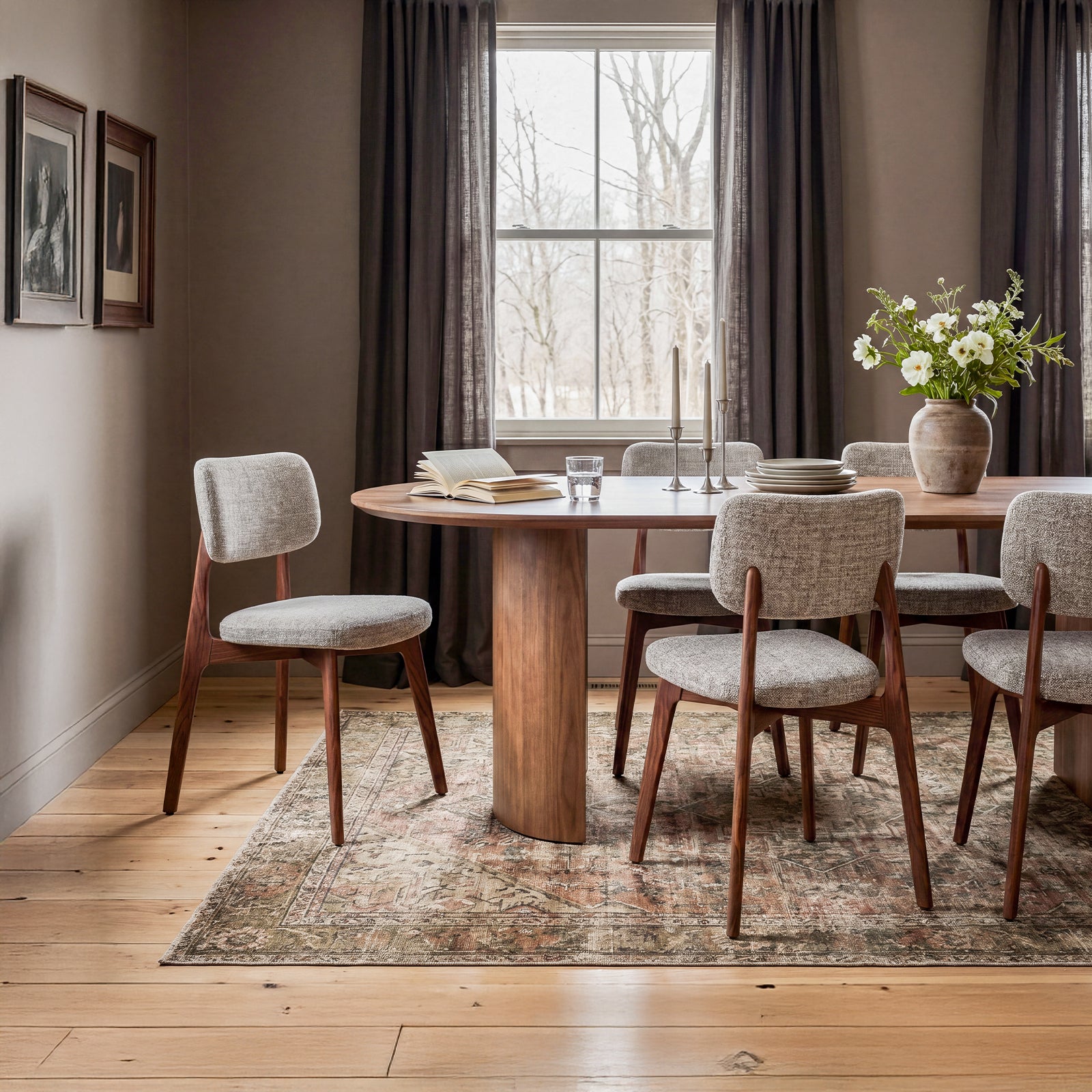 COLAMY NOYA Prime upholstered dining chairs with solid red oak frames styled around a round dining table