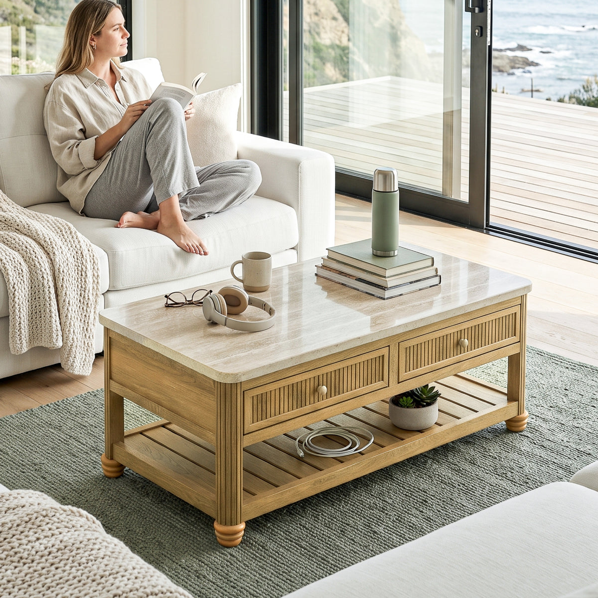COLAMY VERSE 47.2" Fluted Storage Coffee Table with 2 Drawers & Open Shelf