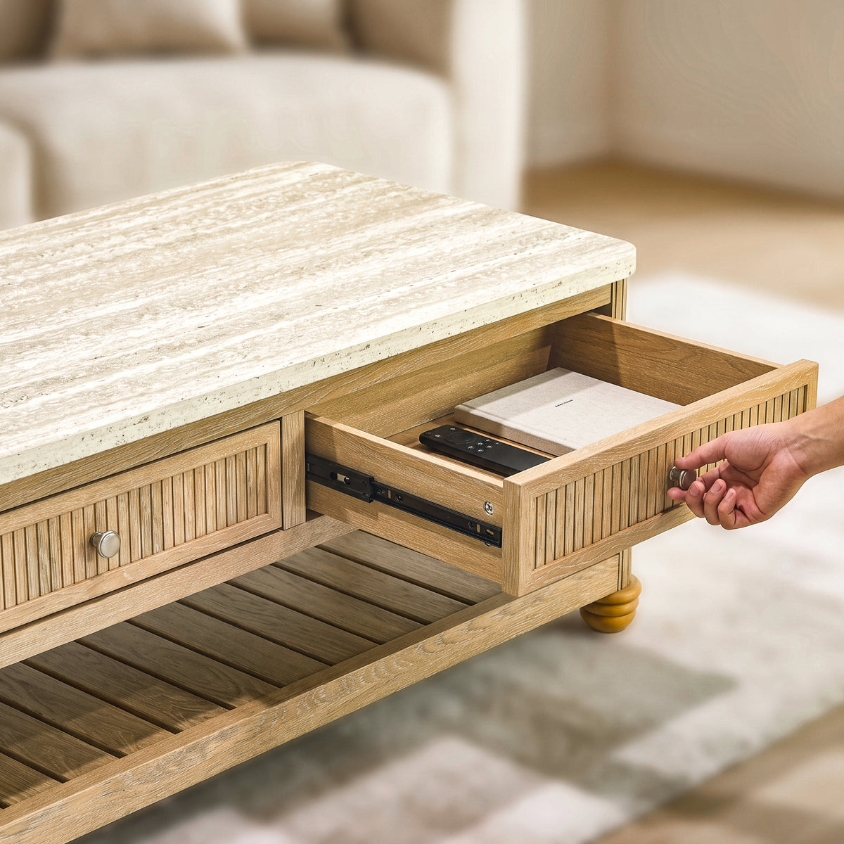 COLAMY VERSE 47.2" Fluted Storage Coffee Table with 2 Drawers & Open Shelf