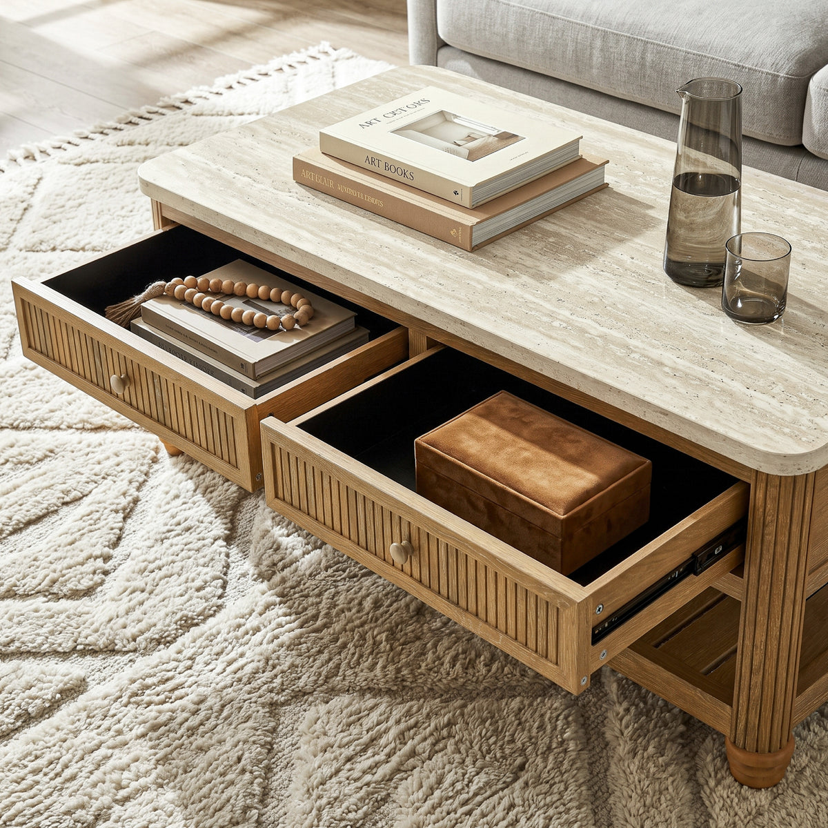 COLAMY VERSE 47.2" Fluted Storage Coffee Table with 2 Drawers & Open Shelf