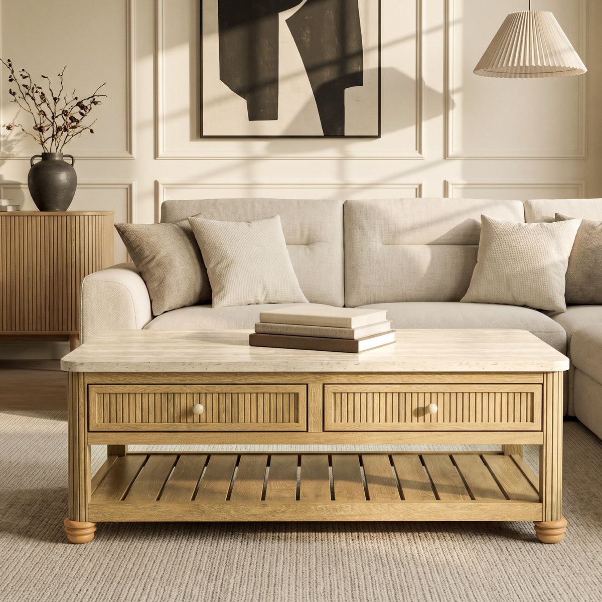 COLAMY VERSE 47.2" Fluted Storage Coffee Table with 2 Drawers & Open Shelf