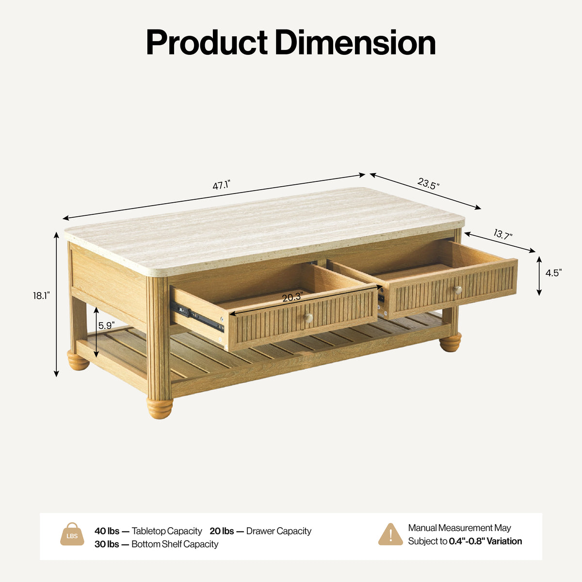 COLAMY VERSE 47.2" Fluted Storage Coffee Table with 2 Drawers & Open Shelf