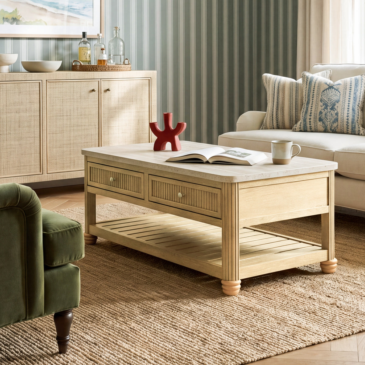 COLAMY VERSE 47.2" Fluted Storage Coffee Table with 2 Drawers & Open Shelf
