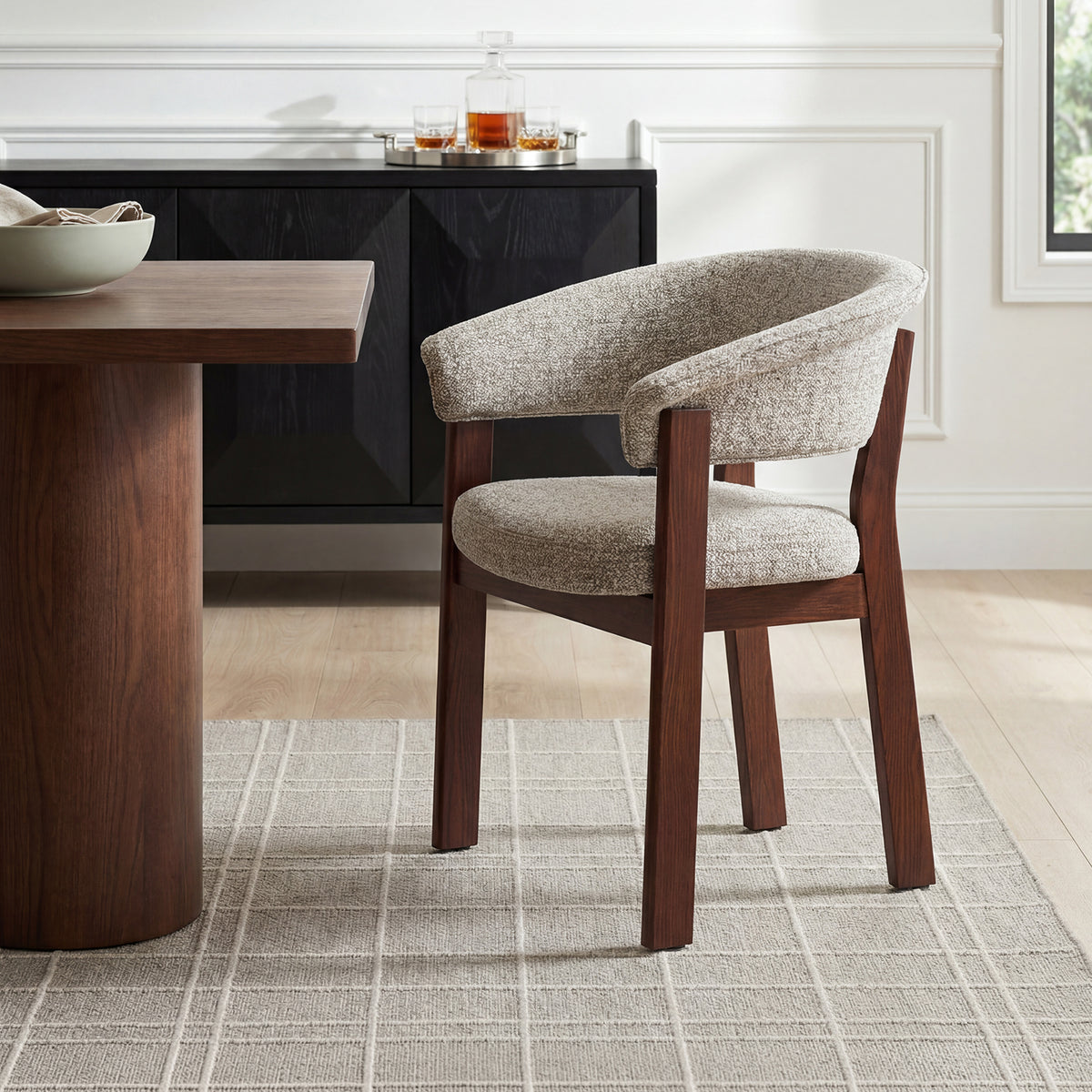 COLAMY HALO Luxe upholstered dining chair in beige fabric with walnut oak frame