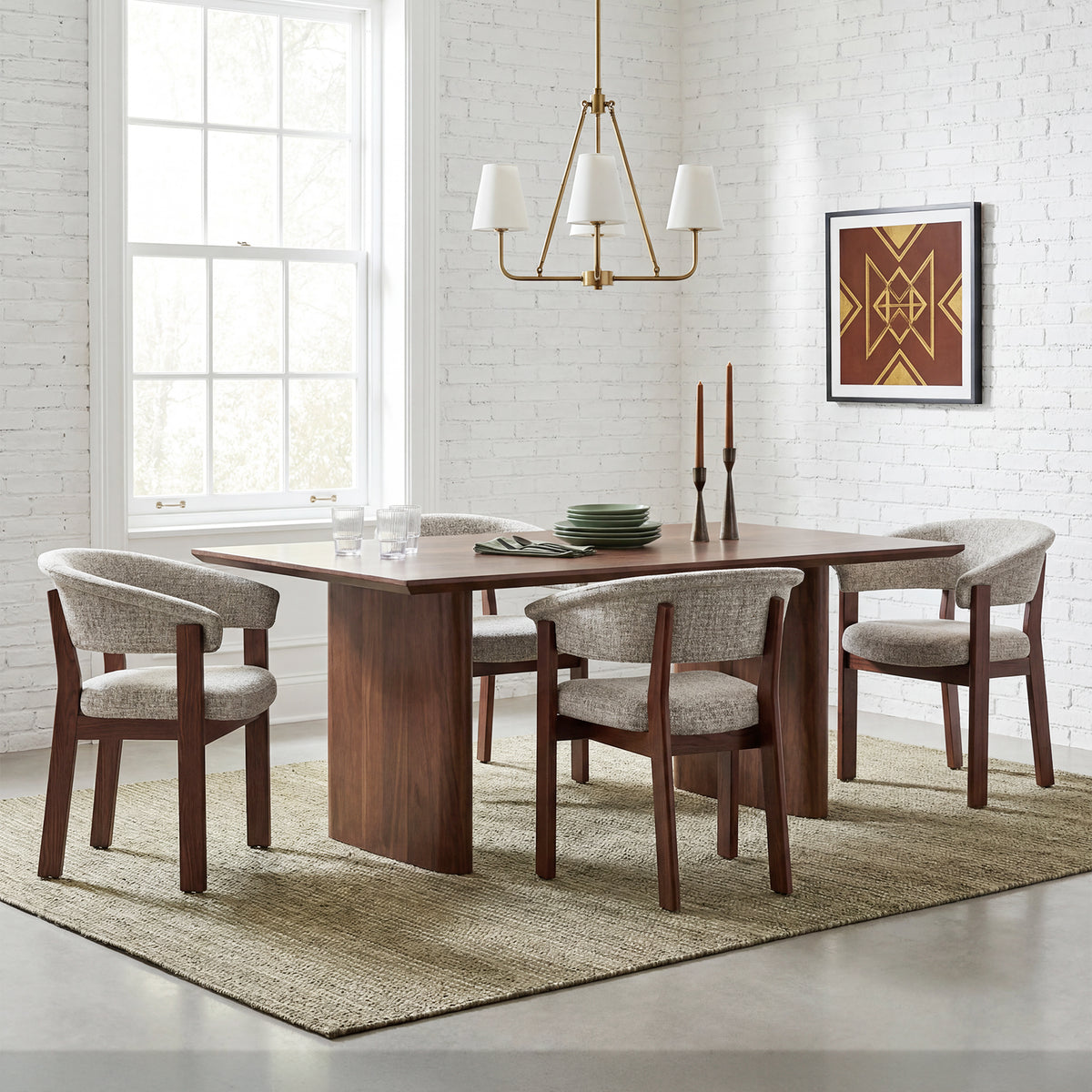 Four beige COLAMY HALO Luxe upholstered chairs around a walnut dining table