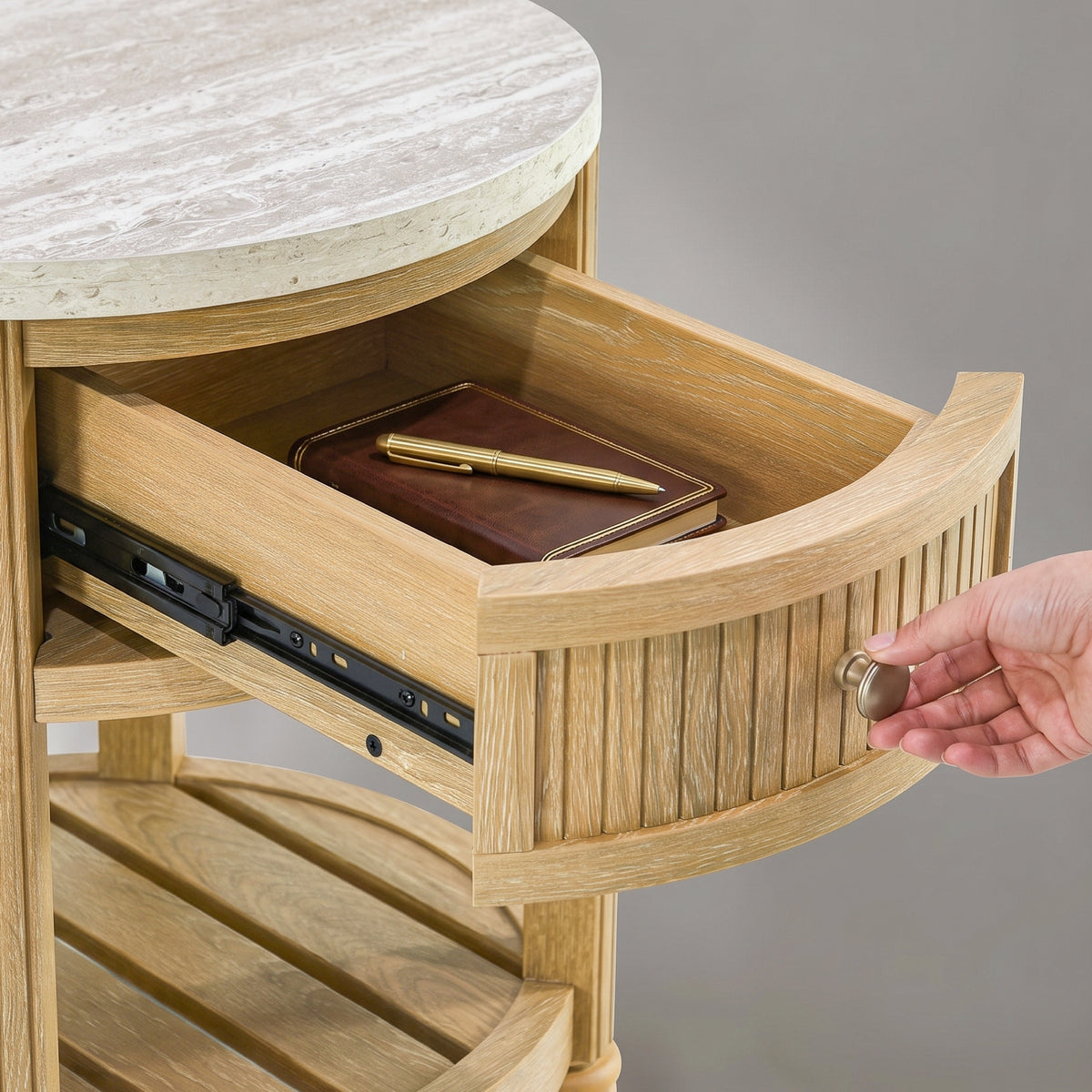 COLAMY VERSE Round End Table with Drawer & Storage Shelf