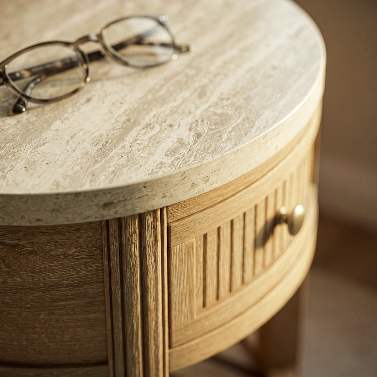 COLAMY VERSE Round End Table with Drawer & Storage Shelf