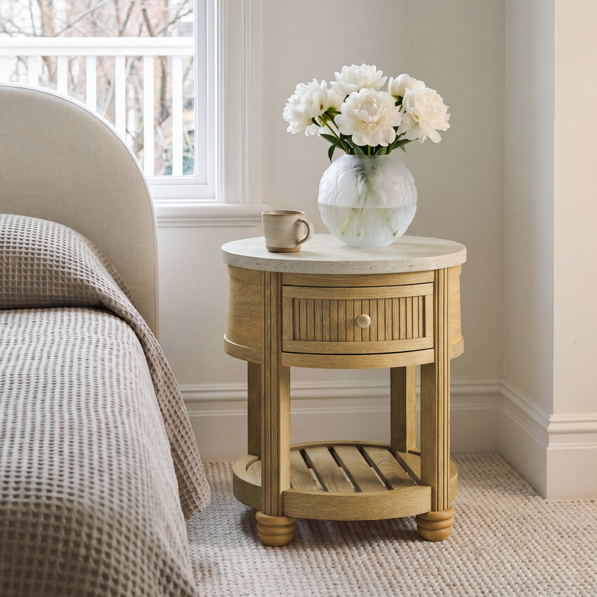 COLAMY VERSE Round End Table with Drawer & Storage Shelf