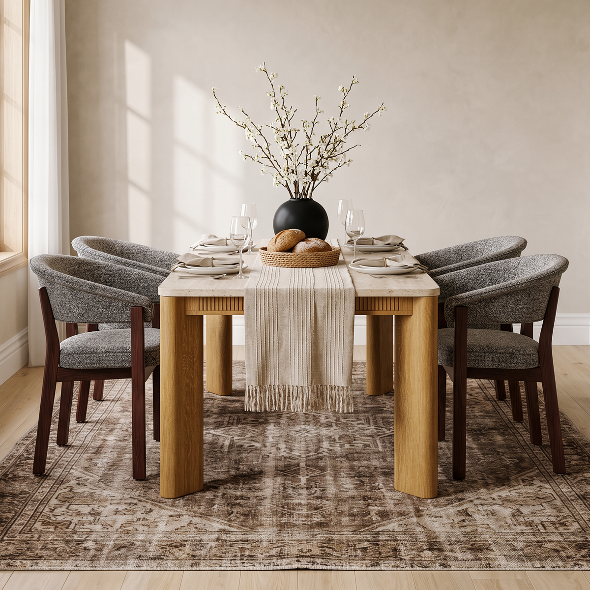 COLAMY VERSE 63" Dining Table with HALO Luxe Fully Assembled Upholstered Dining Chairs Set for 4